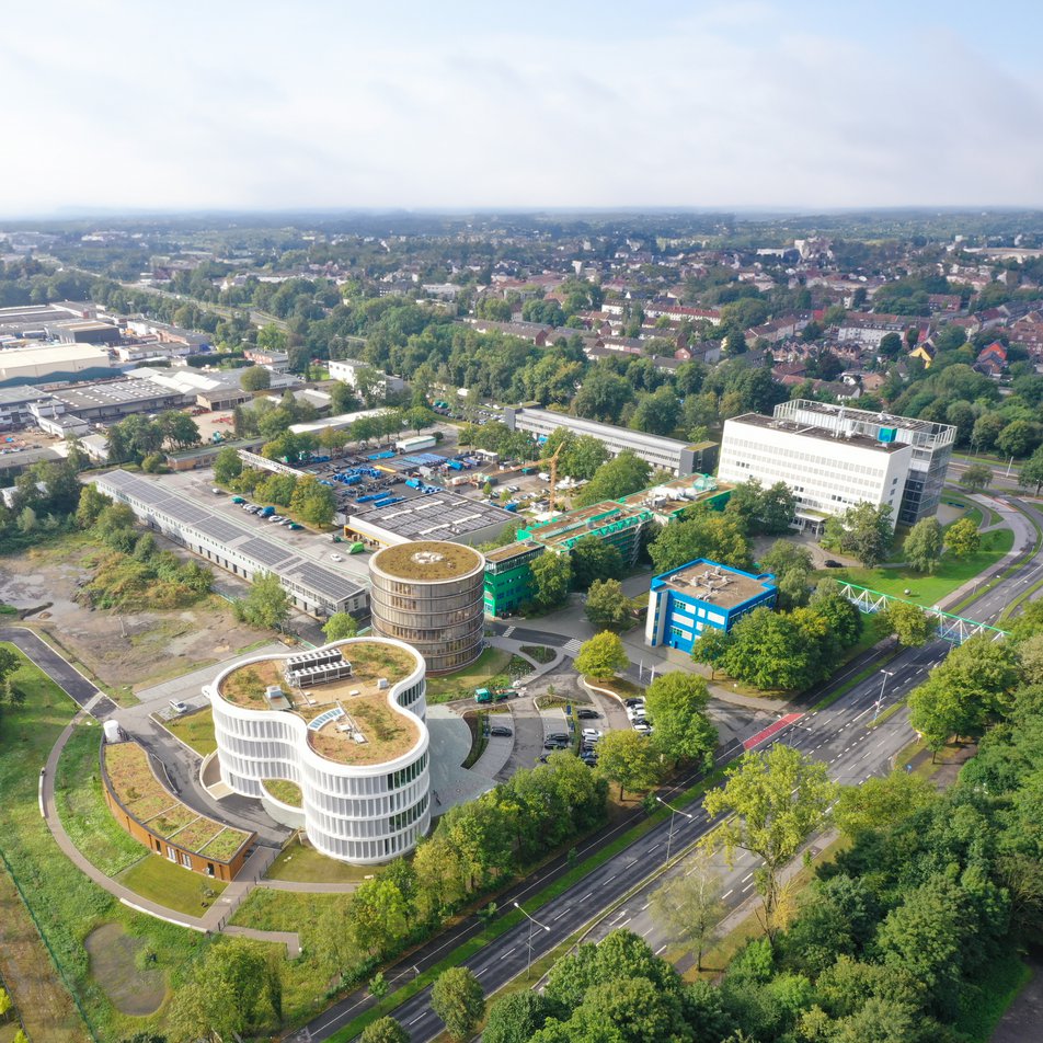 Das Gelsenwasser-Quartier in Gelsenkirchen aus der Luft