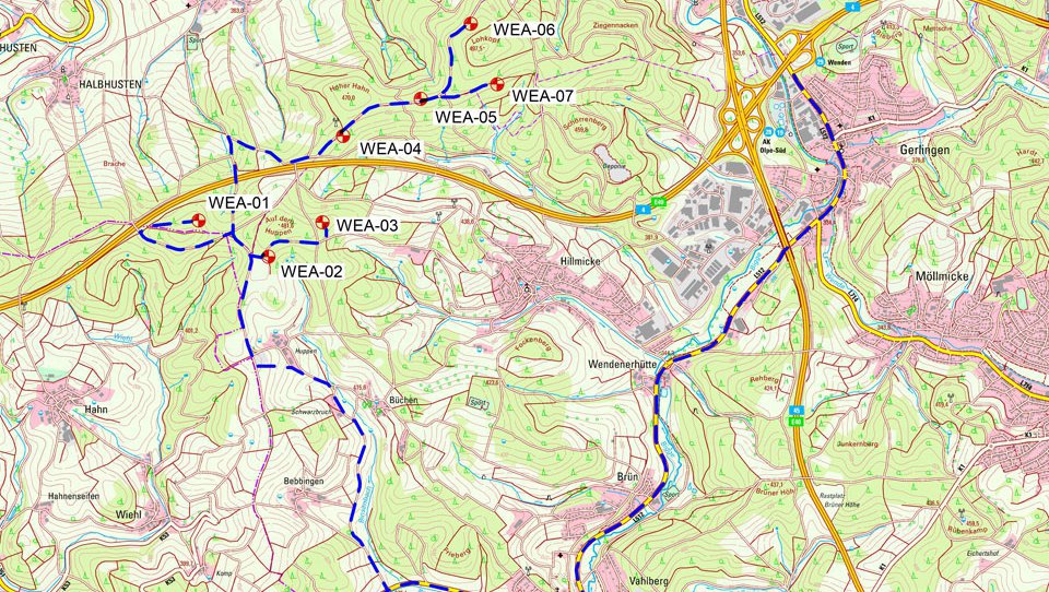 Lageplan des zukünftigen Windparks Olpe, der derzeit von Gelsenwasser geplant wird. 